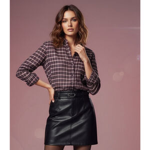 BeachLunchLounge Red Pear Whitney Button Down Plaid Long Sleeve Top Size Small